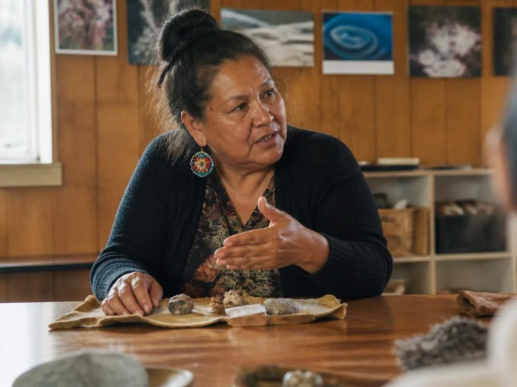 An Indigenous educator gesturing while teaching in a community classroom.