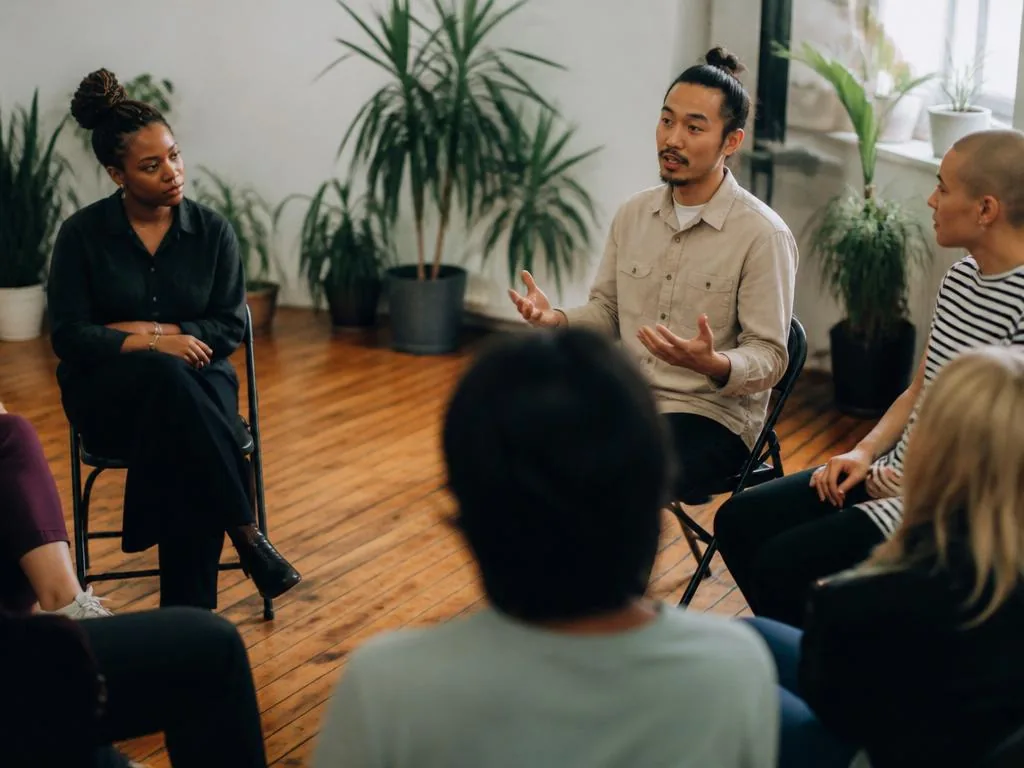 A small circle of adults in a community workshop, mid-conversation.