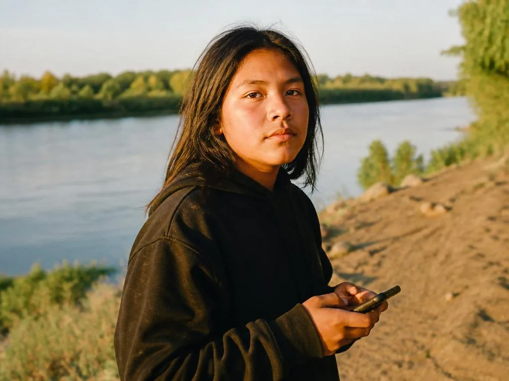 An Indigenous youth holding a smartphone by a river at golden hour.